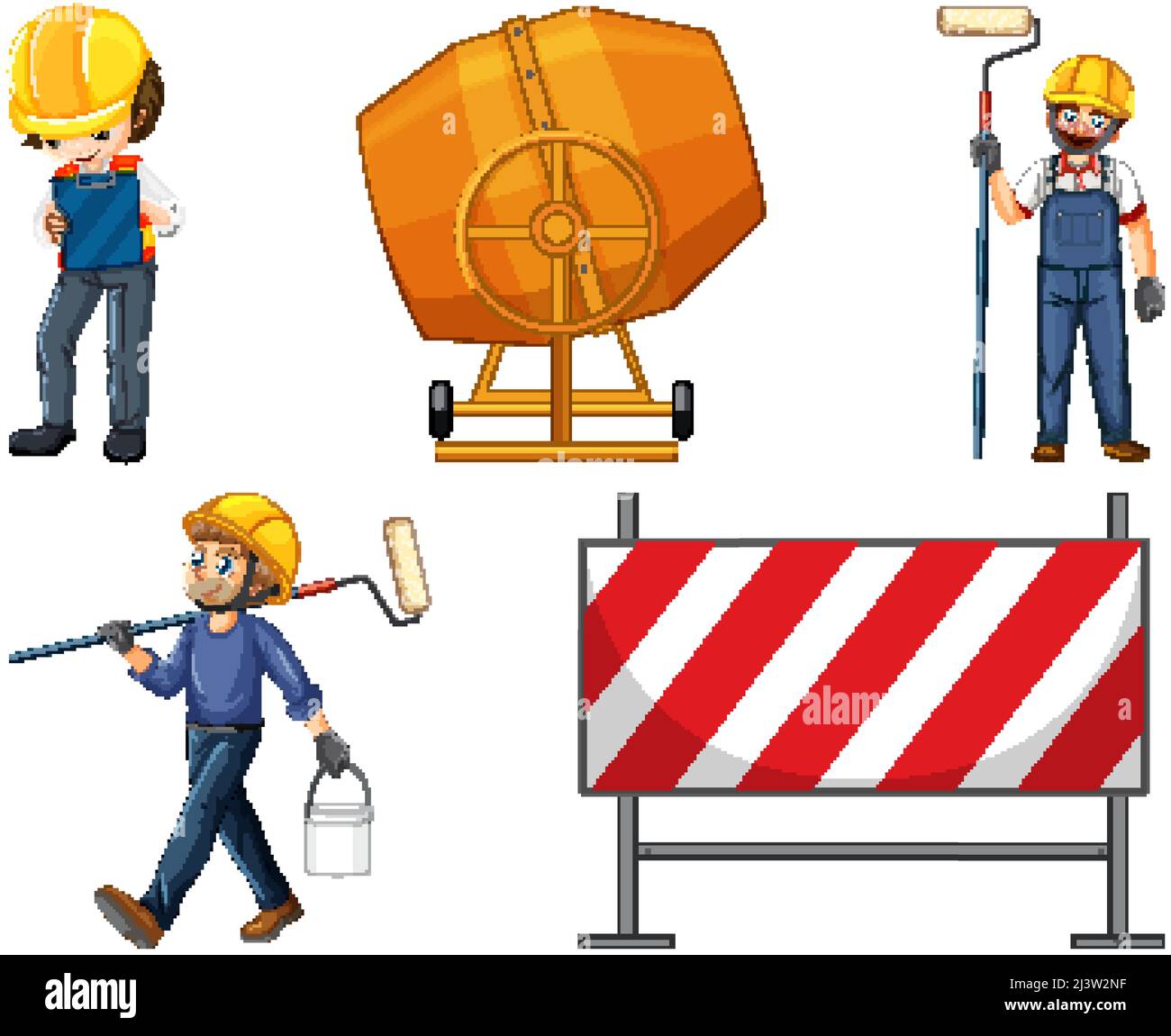 Set of construction site objects and workers illustration Stock Vector