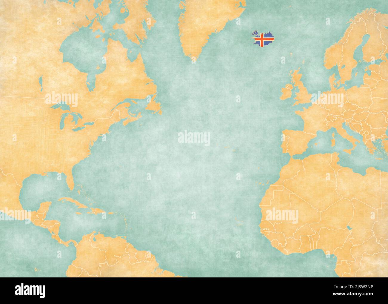 Iceland (Icelandic flag) on the map of North Atlantic Ocean. The Map is in vintage style and sunny mood. The map has soft grunge and vintage atmospher Stock Photo