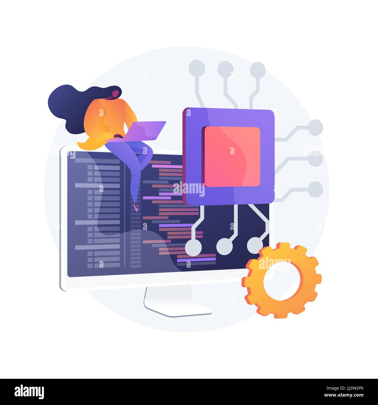 Online database, cloud disk. Data storage, information base, computer application. PC user, operator cartoon character. Information on monitor screen. Stock Vector