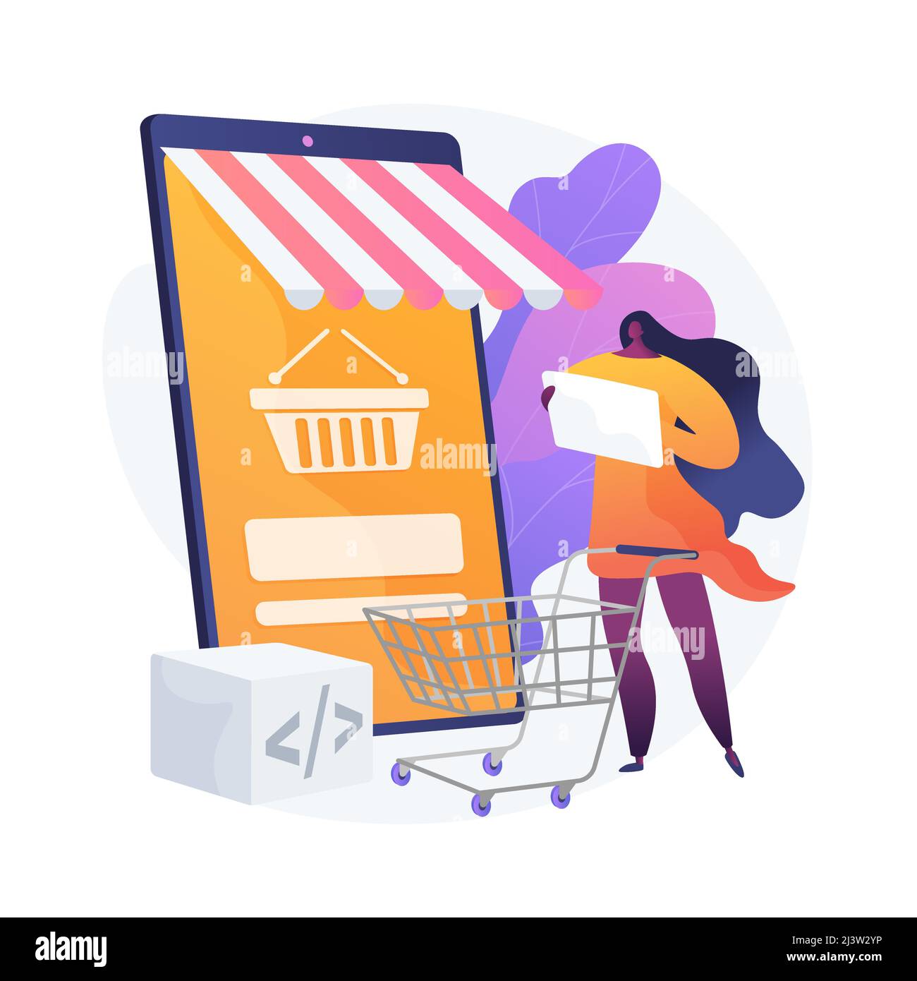 Product selection, choosing goods, put things to basket. Online supermarket, internet mall, merchandise catalog. Female purchaser cartoon character. V Stock Vector
