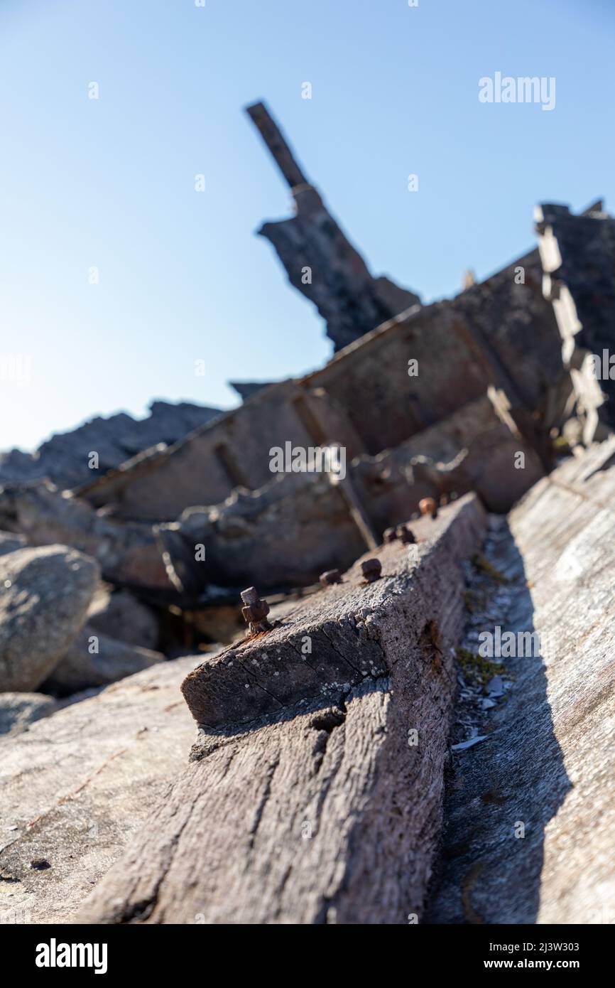 Selective focus on a rusty nail and part of a woord beam in the wreck of a small boat. Stock Photo