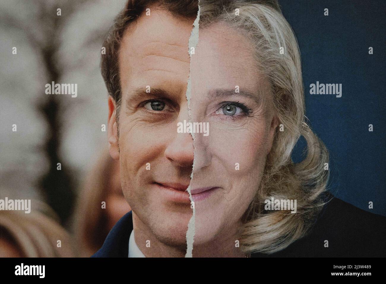 Emmanuel Macron (LREM) and Marine Le Pen (RN). Illustration of the first round of the presidential election in France, with ballot papers, April 10, 2022. Photo by Patrick Batard / ABACAPRESS.com Stock Photo