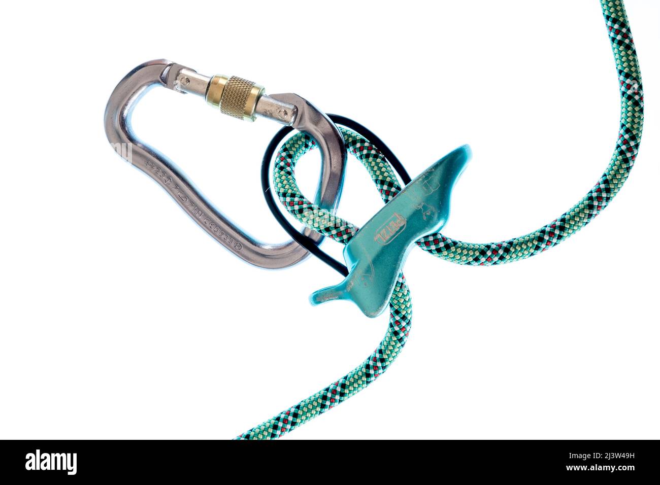 Rock climbing belay device and a carabiner wiyh locking gate Stock