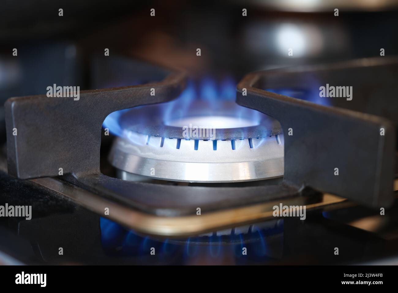 Gas burner on stove with blue fire at home closeup Stock Photo Alamy