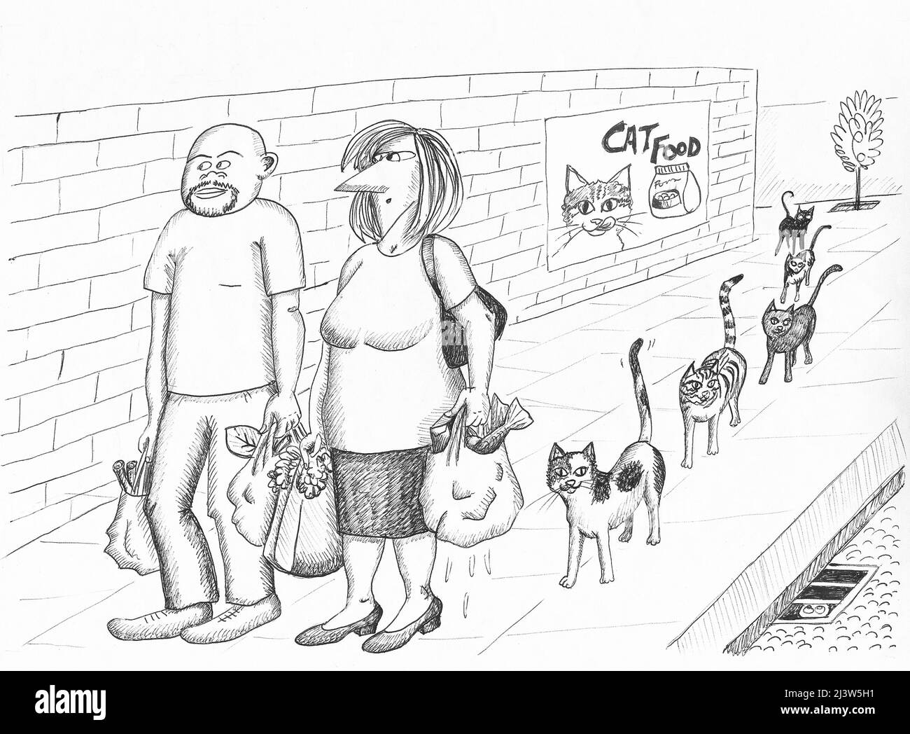Couple doing the shopping followed by stray cats. Illustration. Stock Photo