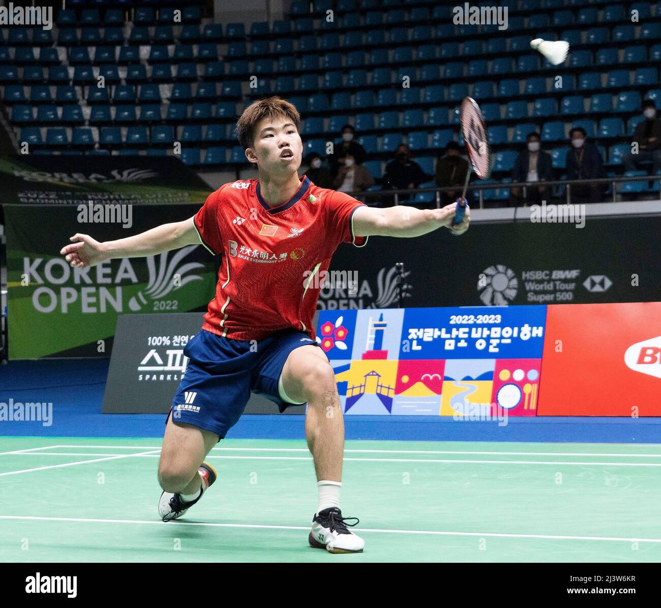 Suncheon, South Korea. 10th Apr, 2022. Weng Hongyang of China hits a return  during the men's singles final match against Jonatan Christie of Indonesia  at the BWF Korea Open Badminton Championships 2022
