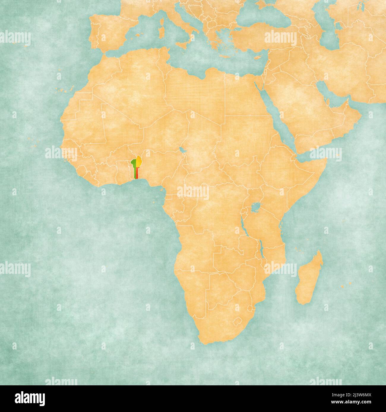 Benin (Beninese flag) on the map of Africa. The Map is in vintage summer style and sunny mood. The map has soft grunge and vintage atmosphere, like wa Stock Photo