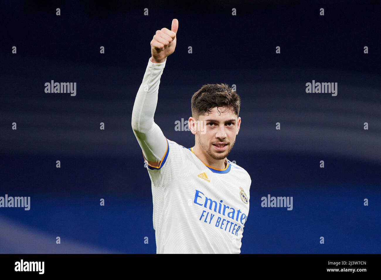 Federico Valverde of Real Madrid  during the La Liga match between Real Madrid and Getafe CF played at Santiago Bernabeu Stadium on April 9, 2022 in Madrid, Spain. (Photo by Ruben Albarran / PRESSINPHOTO) Stock Photo