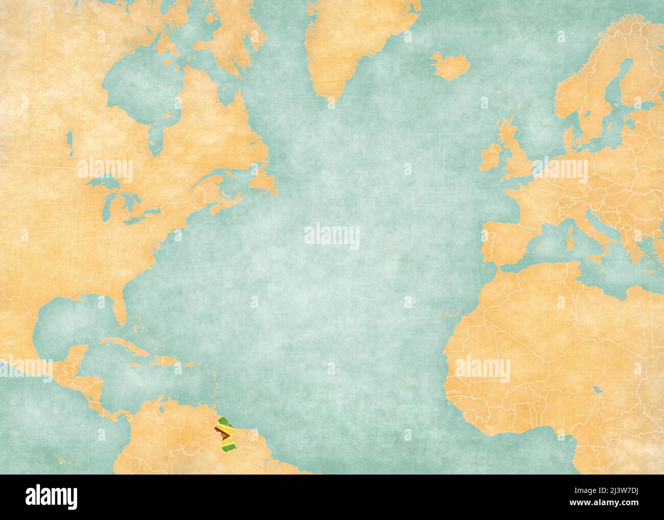 Guyana (Guyanese flag) on the map of North Atlantic Ocean. The Map is in vintage style and sunny mood. The map has soft grunge and vintage atmosphere, Stock Photo