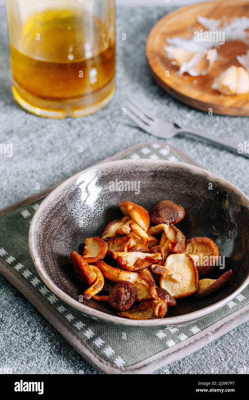 Shiitake Mushrooms with Olive Oil and Garlic Stock Photo