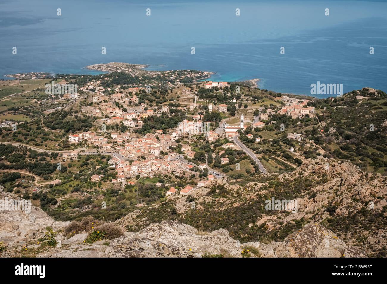 Hilltop village of Corbara in the Balagne region of Corsica with ...