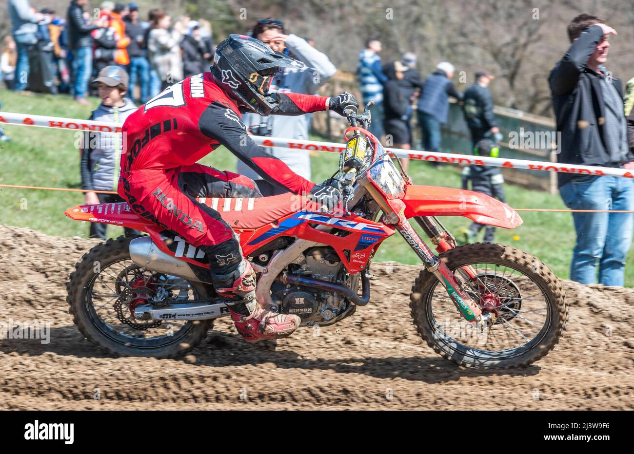 Payerne, Switzerland. 10th April 2022: Timothy Jaunin of Switerland (117) is in action during Grand prix Payerne of the Swiss Federation Motocross Championship 2022. Credit: Eric Dubost/Alamy Live News Stock Photo