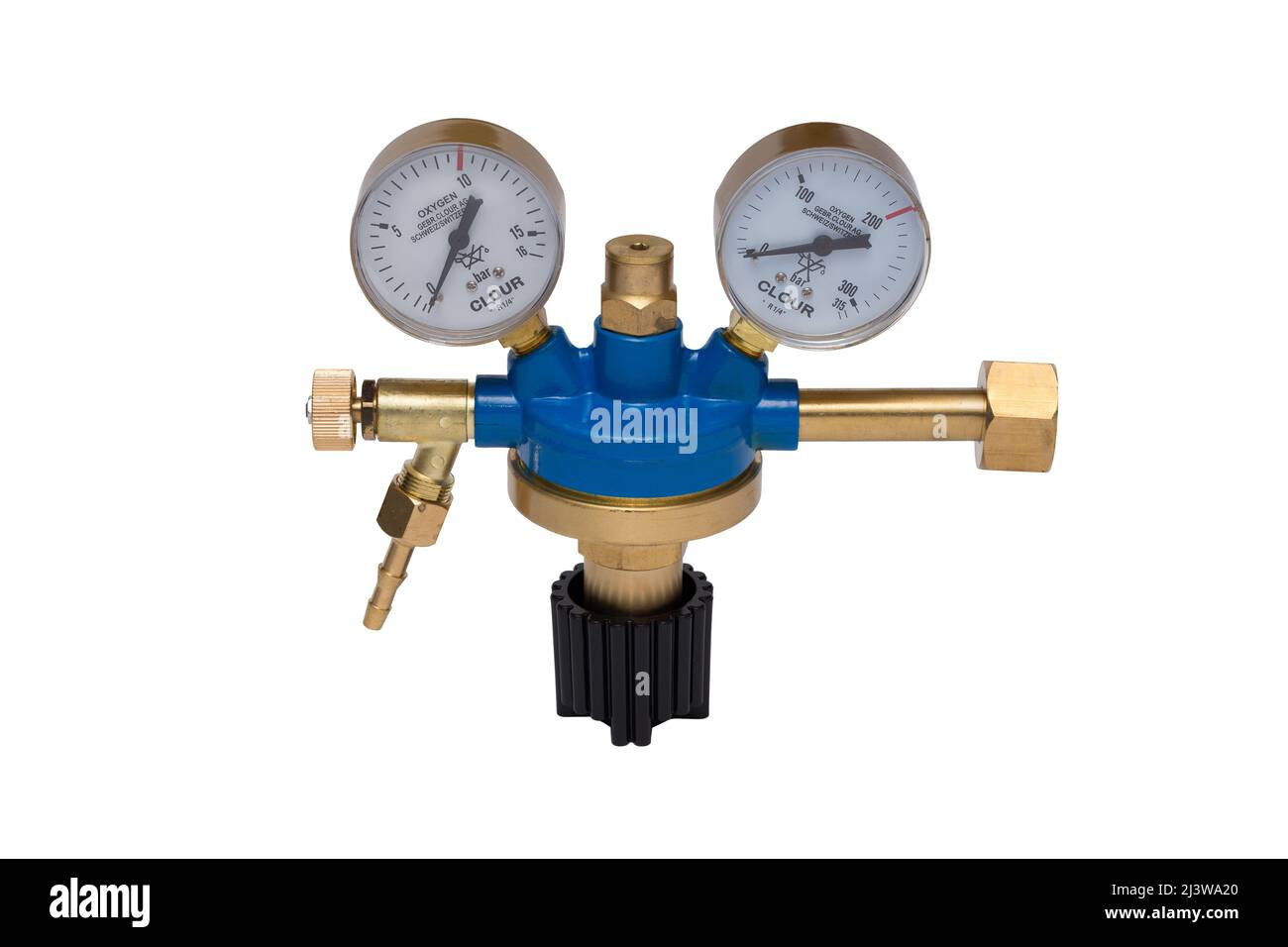 Oxygen cylinder pressure regulator gauge isolated on a white background