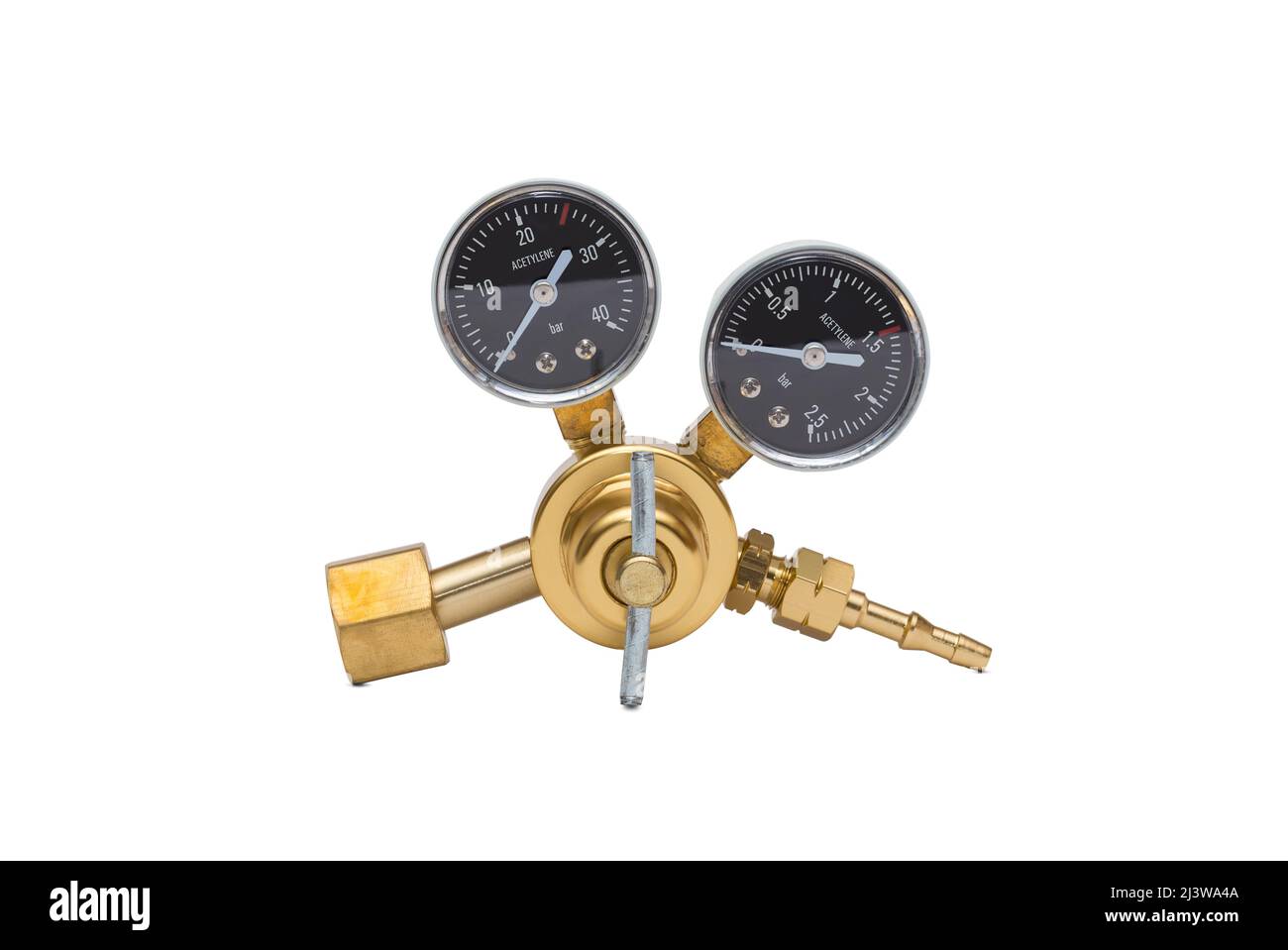 Acetylene cylinder pressure regulator gauge isolated on a white background Stock Photo