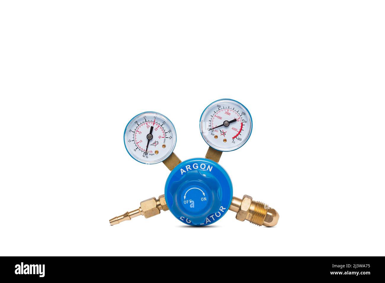 Argon cylinder pressure regulator gauge isolated on a white background