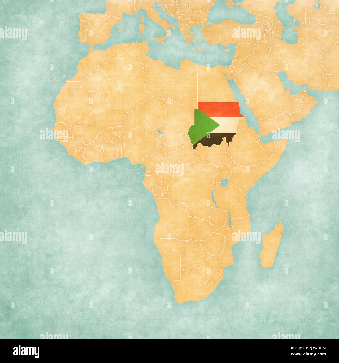 Sudan (Sudanese flag) on the map of Africa. The map is in soft grunge and vintage style, like watercolor painting on old paper. Stock Photo