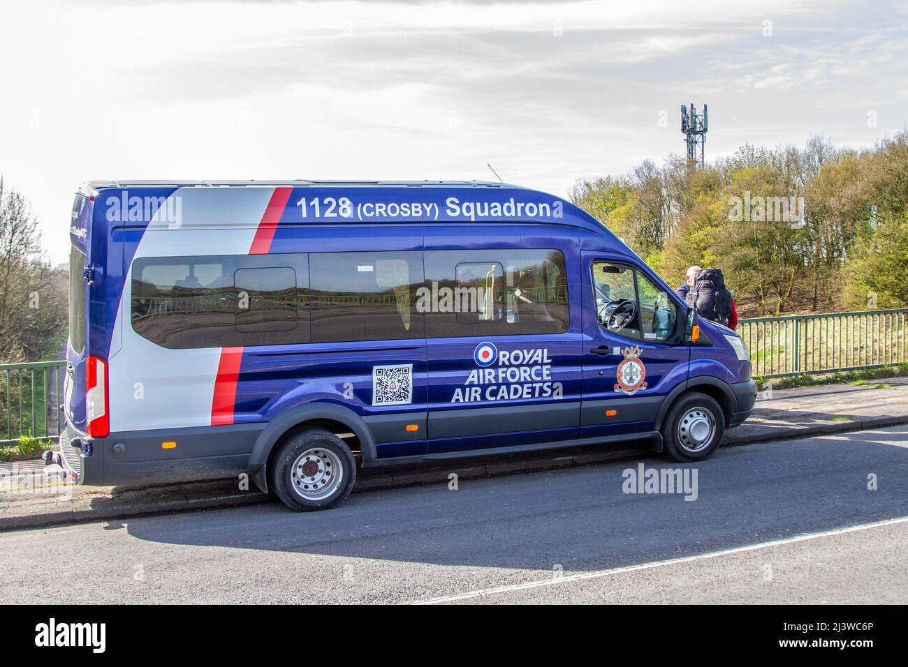 Royal Air Force Cadets 1128 Crosby Squadron vehicle; Ford Transit 460 TREND H/R BUS 18 STR XLWB with trainees in Chorley, UK Stock Photo