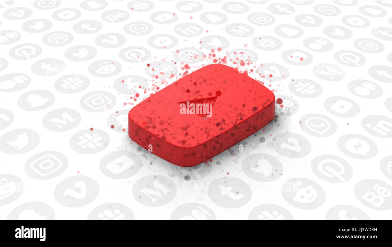 Dots gather as sign of social network. Motion. Point cloud forms 3D icon of social application. Popular social network YouTube Stock Photo