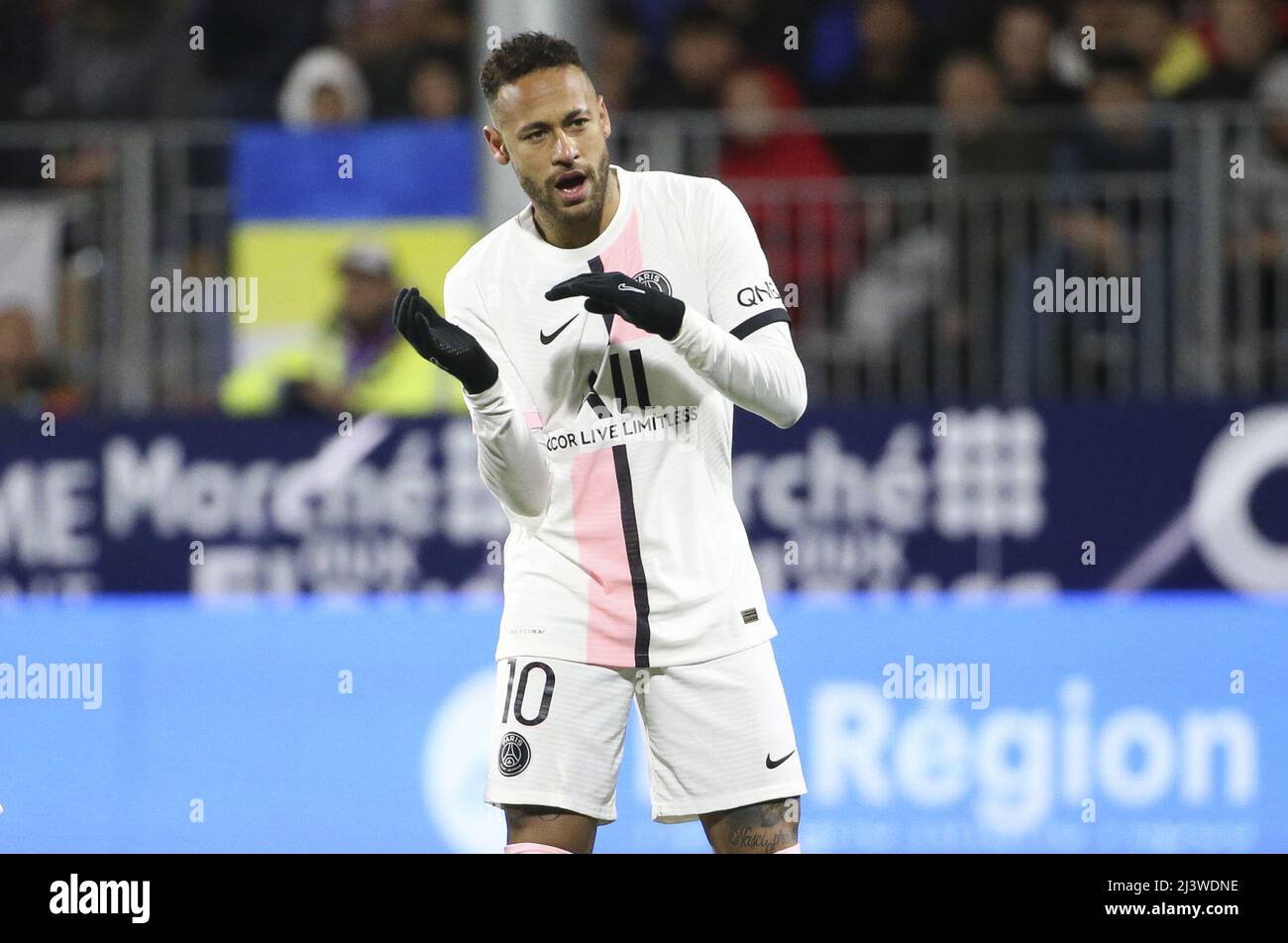 Neymar Jr of PSG celebrates his goal during the French championship Ligue 1  football match between Clermont Foot 63 and Paris Saint-Germain (PSG) on  April 9, 2022 at Stade Gabriel Montpied in