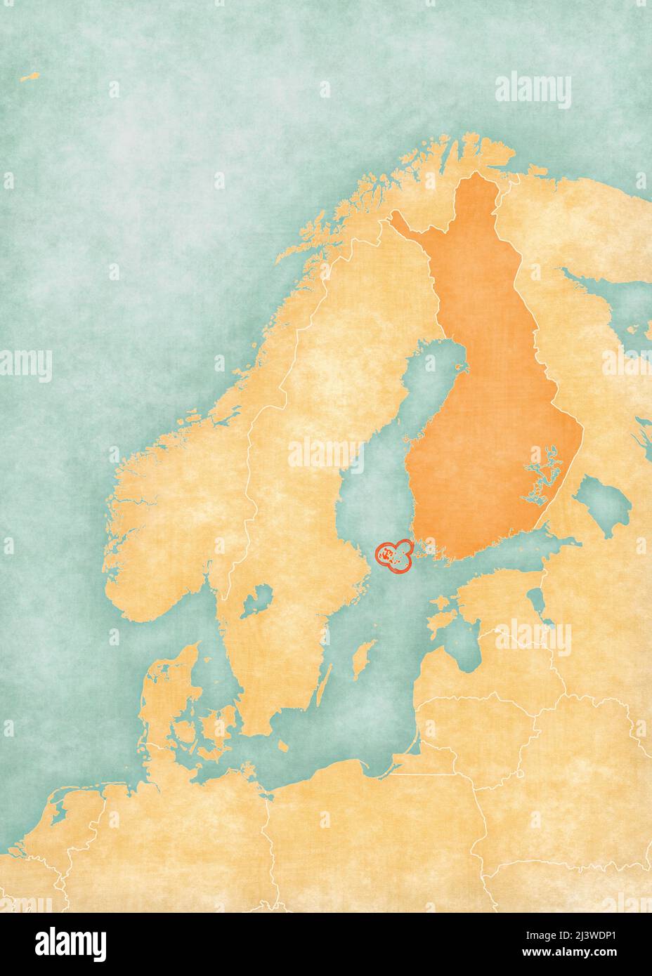 Aland Islands (Finland) on the map of Scandinavia. The map is in soft grunge and vintage style, like watercolor painting on old paper. Stock Photo