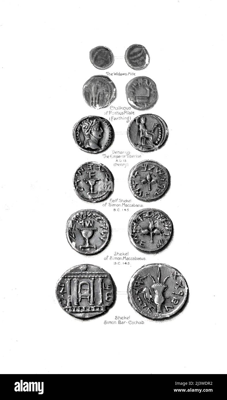 Various Biblical coins Shekel, Half Shekel, Penny, Farthing and The Widows Mite Illustration of ancient Biblical time coin from the book '  The money of the Bible ' by George Charles Williamson, Publisher: London, The Religious Tract Society 1894 Stock Photo