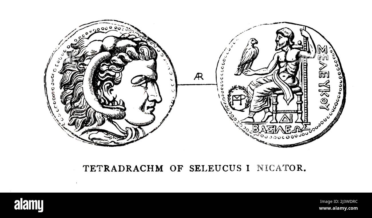 Tetradrachm of Seleucus I Nicator Illustration of ancient Biblical time coin from the book '  The money of the Bible ' by George Charles Williamson, Publisher: London, The Religious Tract Society 1894 Stock Photo