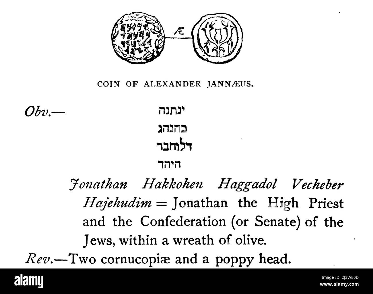COIN OF ALEXANDER JANNAEUS (the second king of the Hasmonean dynasty) Obv. Jonathan Hakkohen Haggadol Vecheber Hajehudim [Jonathan the High Priest and the Confederation (or Senate) of the Jews], within a wreath of olive. Rev. Two cornucopiae and a poppy head Illustration of ancient Biblical time coin from the book '  The money of the Bible ' by George Charles Williamson, Publisher: London, The Religious Tract Society 1894 Stock Photo