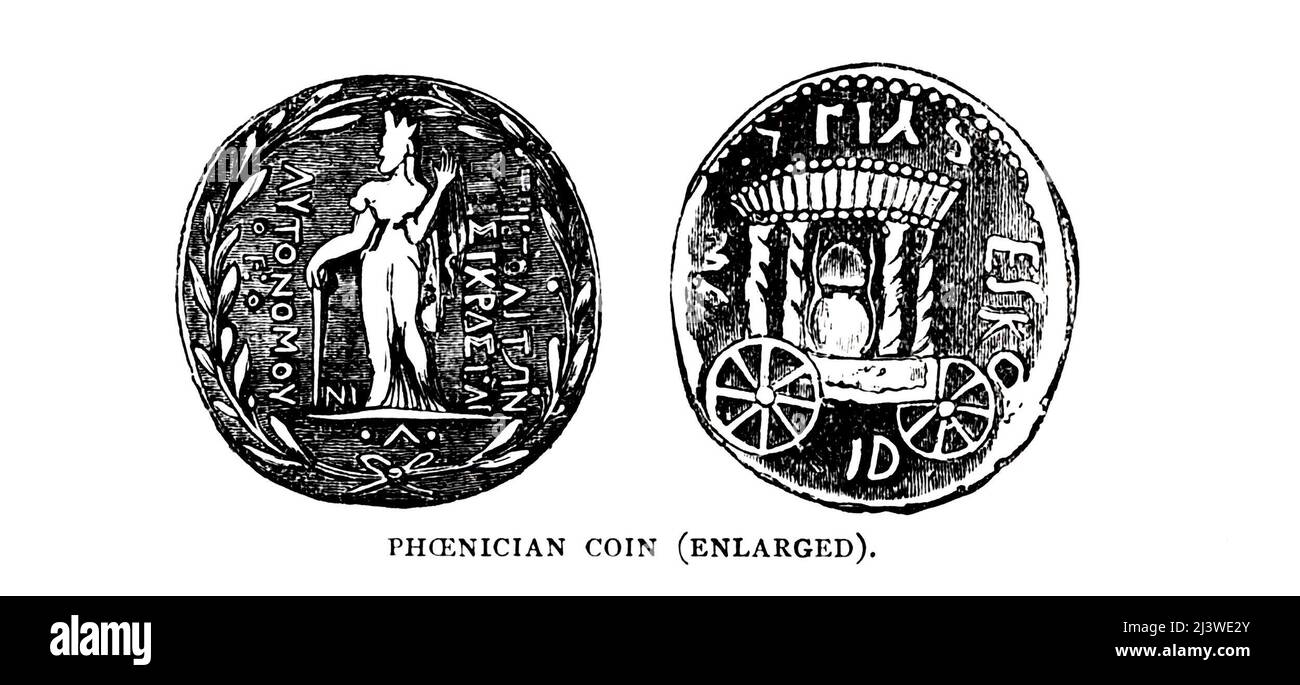 the goddess Ashtaroth on a coin of Phoenicia Illustration of ancient Biblical time coin from the book '  The money of the Bible ' by George Charles Williamson, Publisher: London, The Religious Tract Society 1894 Stock Photo