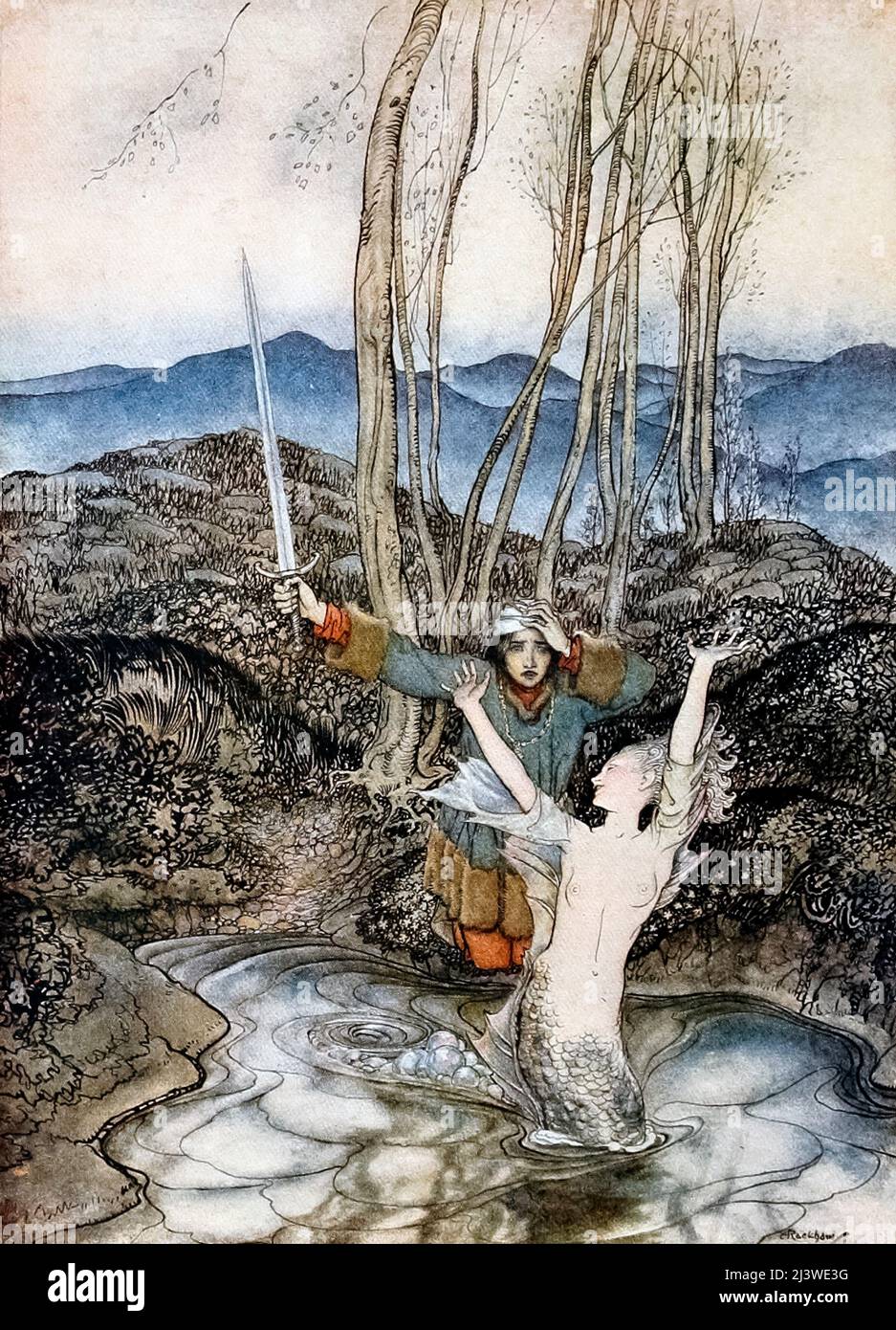 From the Ballad ' Clerk Colvill '  that appeared in the book ' Some British ballads ' illustrated by Arthur Rackham, Publisher New York : Dodd, Mead 1919 Clerk Colvill, ignoring the advice of his lady or his mother, goes to a body of water, where a mermaid seduces him. His head starts to ache, and the mermaid tells him he will die of it. He goes home and dies. In some variants, she offers that he may go to sea with her instead of dying, at the end, and he refuses. Stock Photo