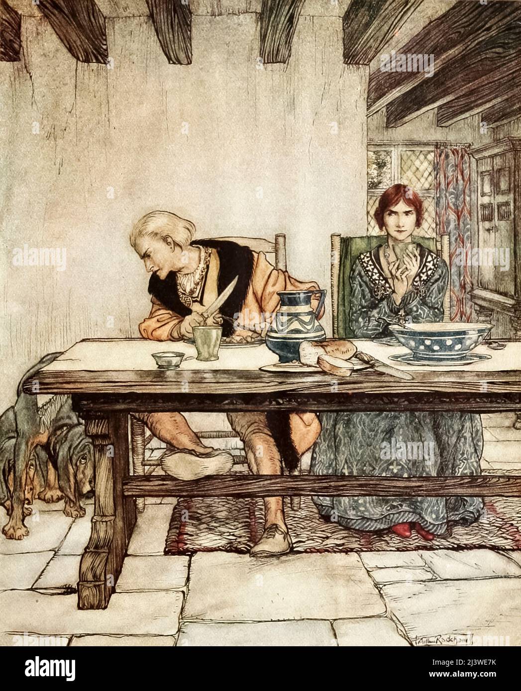 'Lord Randall', or 'Lord Randal', (Roud 10, Child 12) is an Anglo-Scottish border ballad consisting of dialogue between a young Lord and his mother. Appeared in the book ' Some British ballads ' illustrated by Arthur Rackham, Publisher New York : Dodd, Mead 1919 Lord Randall returns home to his mother after visiting his lover. Randall explains that his lover gave him a dinner of eels and that his hunting dogs died after eating the scraps of the meal, leading his mother to realize that he has been poisoned. In some variants, Randall dictates his last will and testament in readiness for his impe Stock Photo