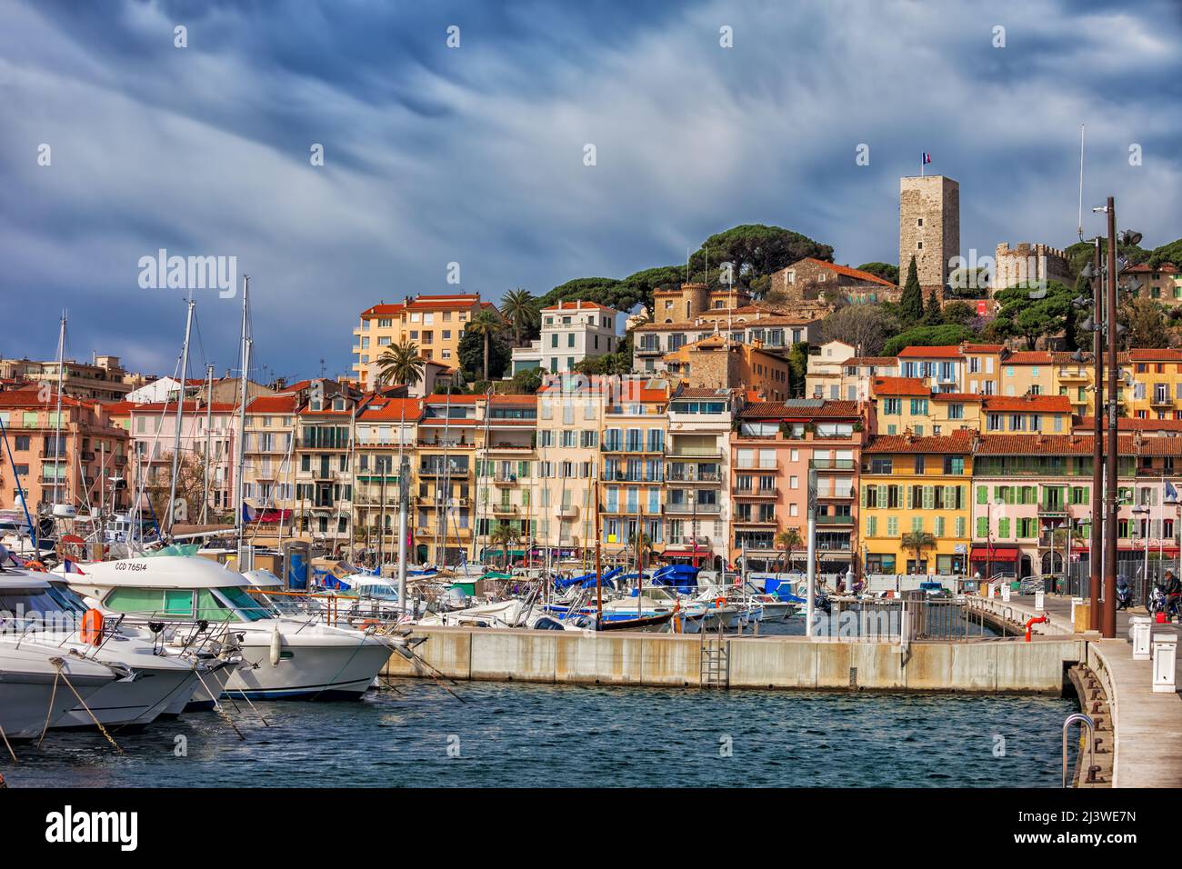 Cannes city skyline in France, view from Port Le Vieux on French Riviera to Le Suquet, the Old Town. Stock Photo