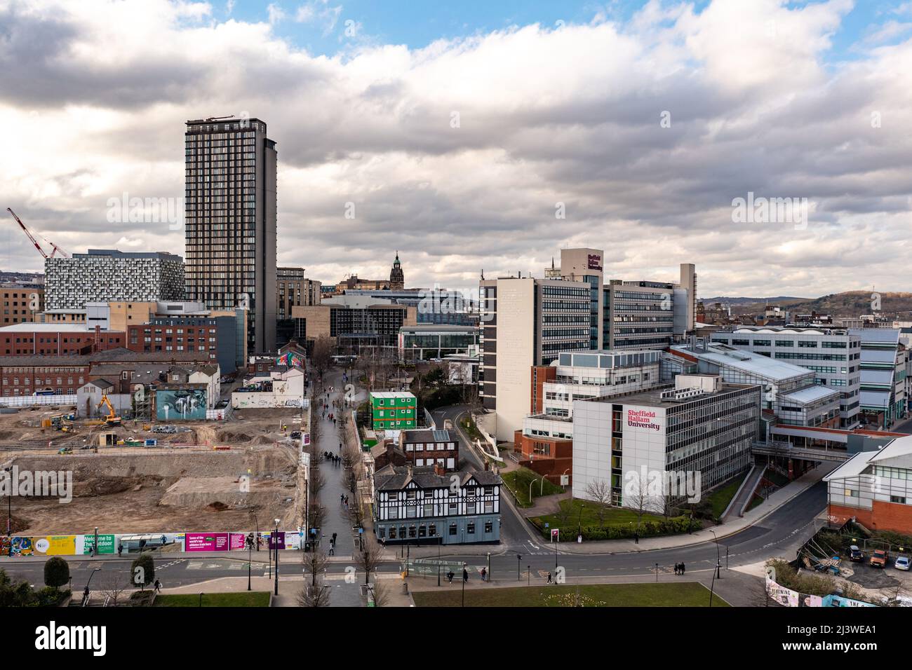 SHEFFIELD, UK - MARCH 10, 2022.  Aerial view of The Arts Tower and Sheffield Hallam University buildings in a Sheffield cityscape skyline Stock Photo