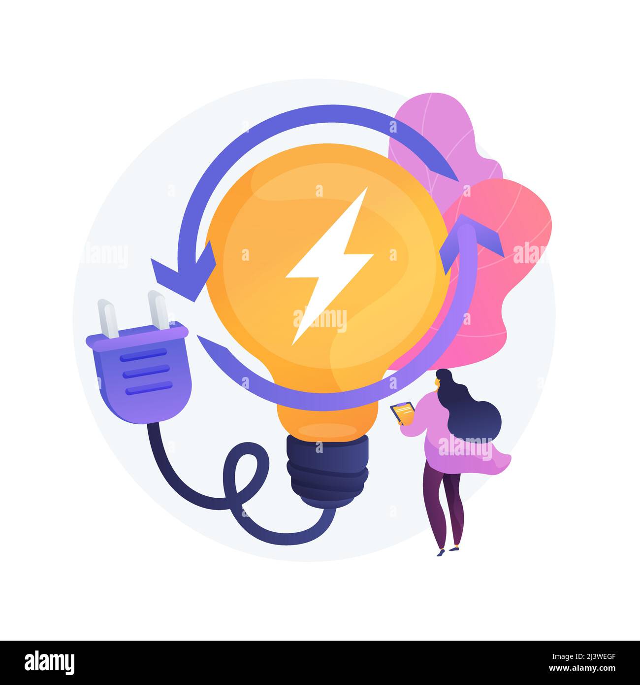 Electric charge, electricity generation, light production. Female PC user with electrical appliance cartoon character. Device charging. Vector isolate Stock Vector