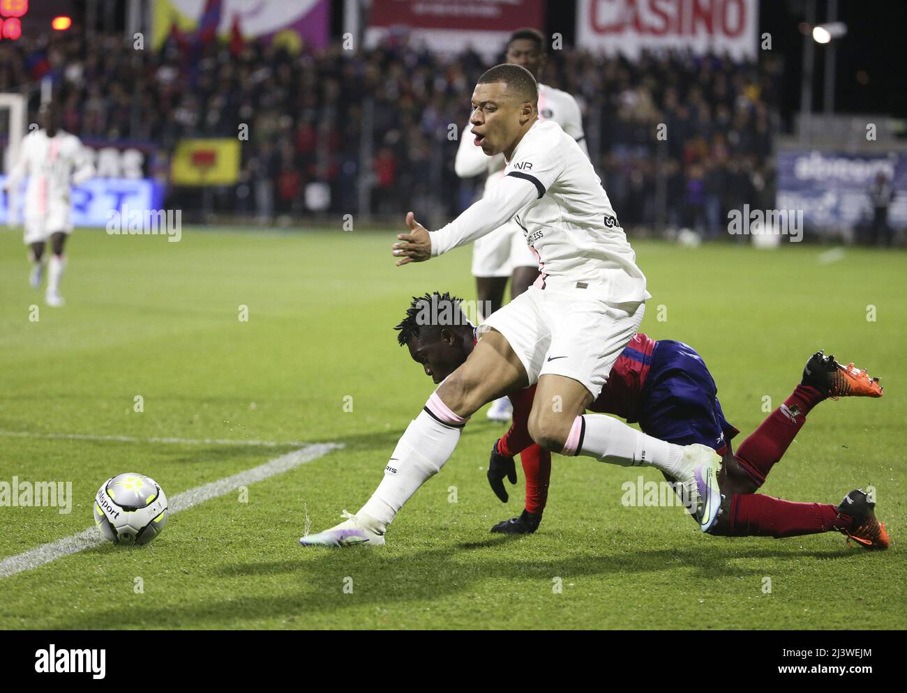 Clermont Ferrand, France. 09th Apr, 2022. Kylian Mbappe of PSG, Alidu Seidu  of Clermont during the French championship Ligue 1 football match between  Clermont Foot 63 and Paris Saint-Germain (PSG) on April