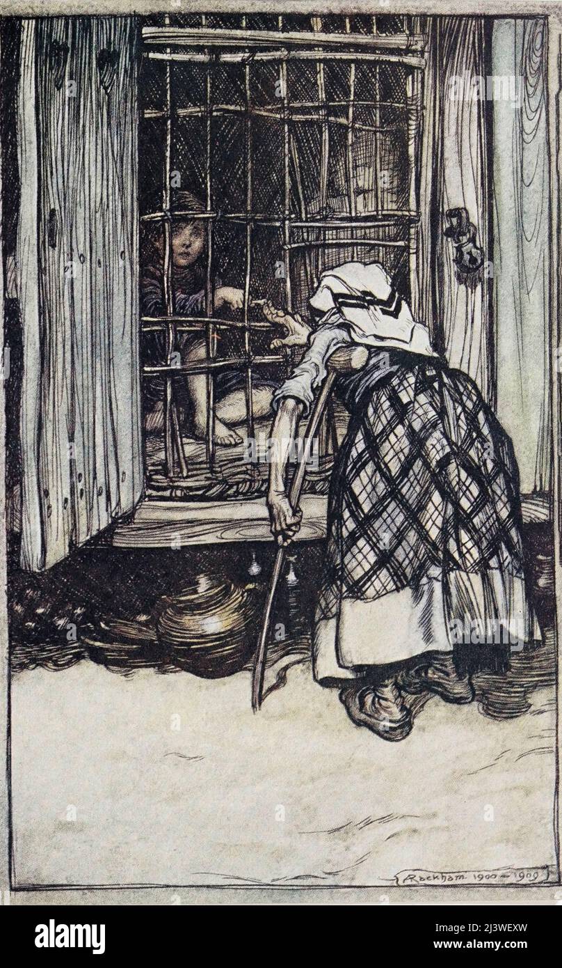 Hansel put out a knuckle-bone, and the old Woman, whose eyes were dim, could not see, and thought it was his finger, and she was much astonished that he did not get fat  from the book ' Hansel & Grethel : & other tales ' by Jacob Grimm, Wilhelm Grimm, Illustrated by Arthur Rackham, Publisher London : Constable & Co., Ltd 1920 Stock Photo