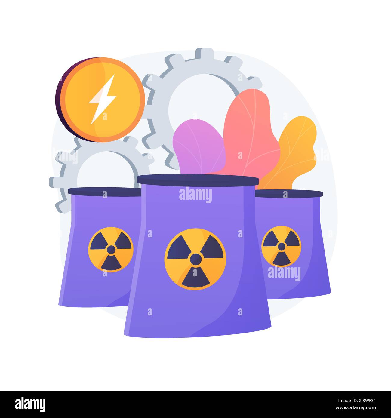 Nuclear power plant, atomic reactors, energy production. Atom fission, atomics process. Nuclear electrical charge generation metaphor. Vector isolated Stock Vector