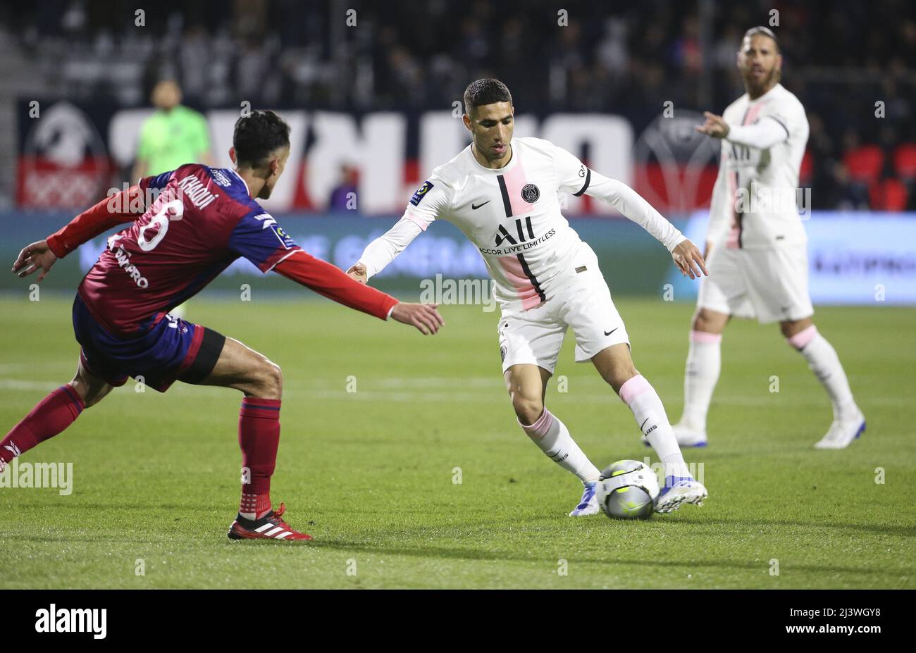 Clermont Ferrand, France. 09th Apr, 2022. Achraf Hakimi of PSG during the  French championship Ligue 1 football match between Clermont Foot 63 and  Paris Saint-Germain (PSG) on April 9, 2022 at Stade