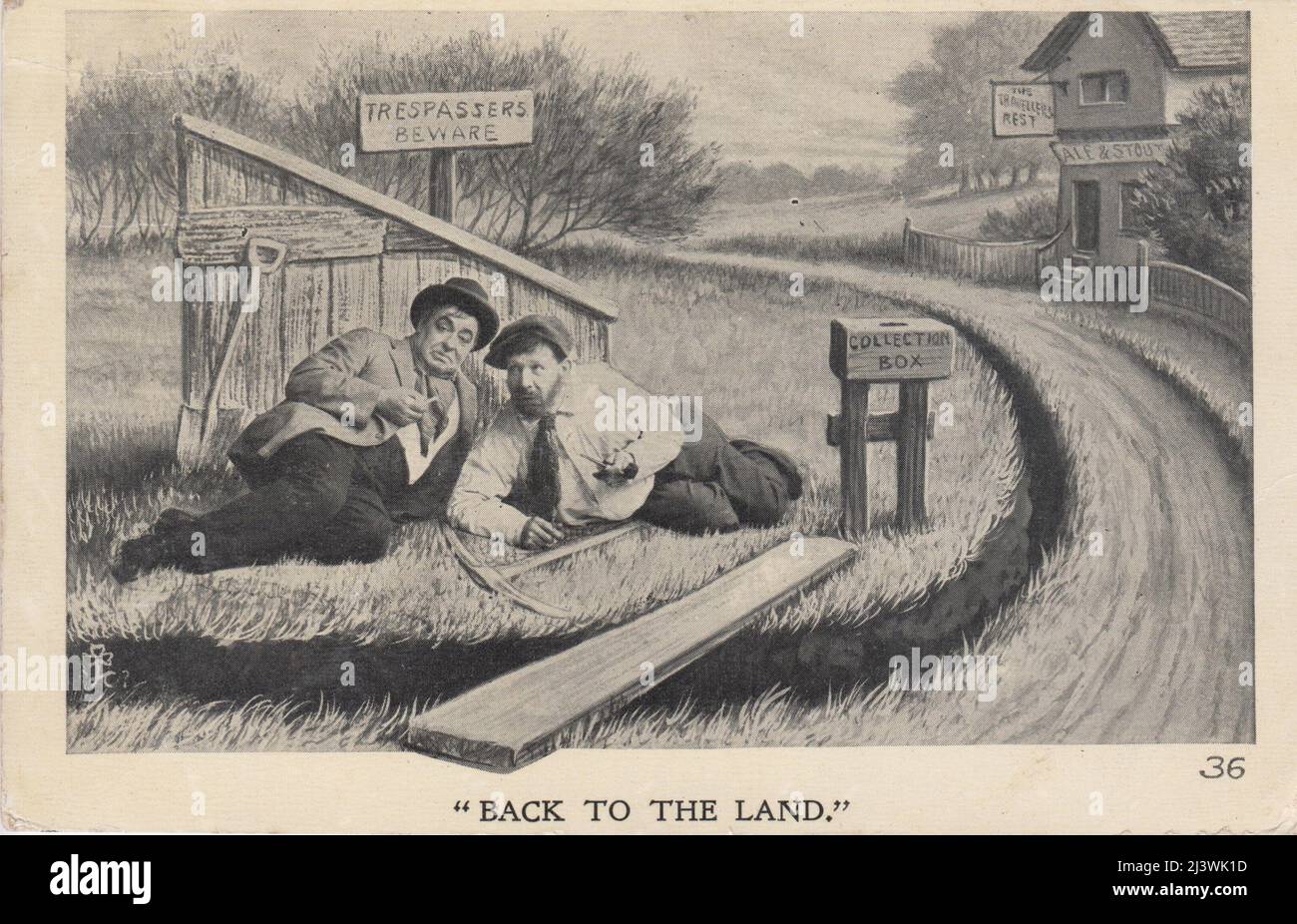 'Back to the land', 1900s. Cartoon showing two disreputable looking men smoking pipes whilst lying on a piece of grass next to a small shed. They have a collection box for donations, a pick and shovel and a sign saying 'Trespassers beware'. A pub called 'The Travellers Rest' is in the background. This is a hostile view of the 'Back to the land' movement of the first decade of the 20th century, which included campaigns for land reform, occupation of land with the intention that it could be cultivated by unemployed workers, and 'hunger marches' of unemployed men looking for work Stock Photo