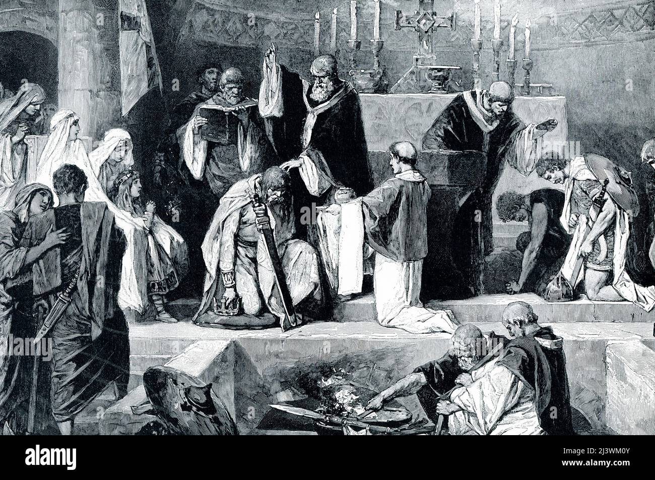 The 1906 caption reads: “Baptism of Clovis.—Clovis, a chieftain of the heathen Franks, conquered the Roman land of Gaul and named it France. He married a Christian wife [Clotilde], and was finally persuaded by her to adopt her faith and submit to baptism. We see the ceremony as it was performed in the ancient cathedral at Rheims by Bishop Remigius. The barbaric warriors of Clovis gather round in amaze[ment]; the shaggy chief himself kneels half unwillingly, while above him towers the Christian bishop, summoning him to a new life.” Stock Photo