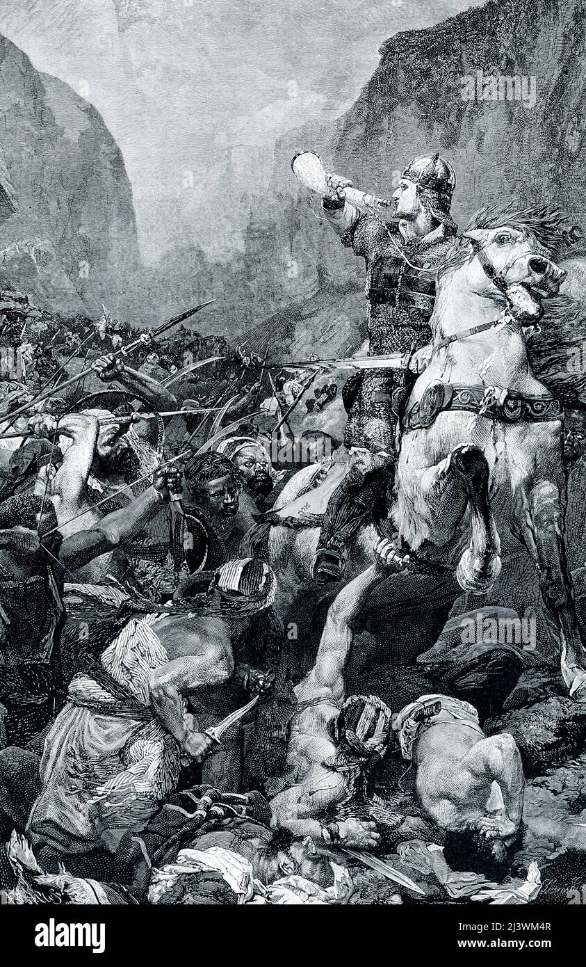 The 1906 caption reads” “ROLAND AT RONCESVALLES.—According to legend, Roland was the greatest of the Twelve Peers of Charlemagne. With the rear-guard of his sovereign's army he was assailed by countless hordes of the Saracens in a mountain pass of the Pyrenees. The blast for help which he blew upon his horn was heard by Charlemagne thirty miles away, but too late, and Roland was slain with all his followers.” The Song of Roland is the oldest surviving major piece of French literature.  Scholars usually date it to between 1140 and 1170. The epic of France, it focuses on the theme of Charlemagne Stock Photo