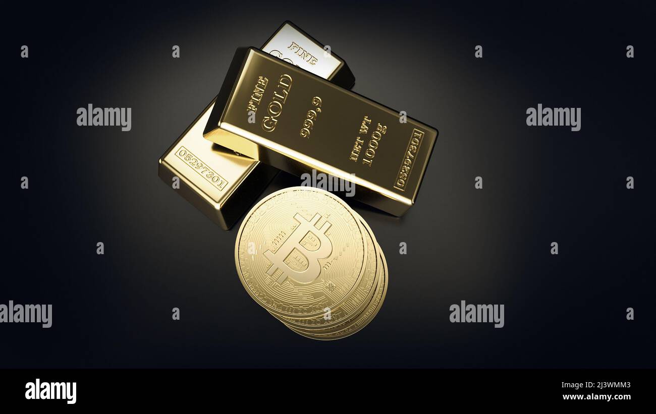 bitcoin with gold bar digital currency. Cryptocurrency BTC the new virtual  money Close up 3D render of golden Bitcoins on black background Stock Photo  - Alamy