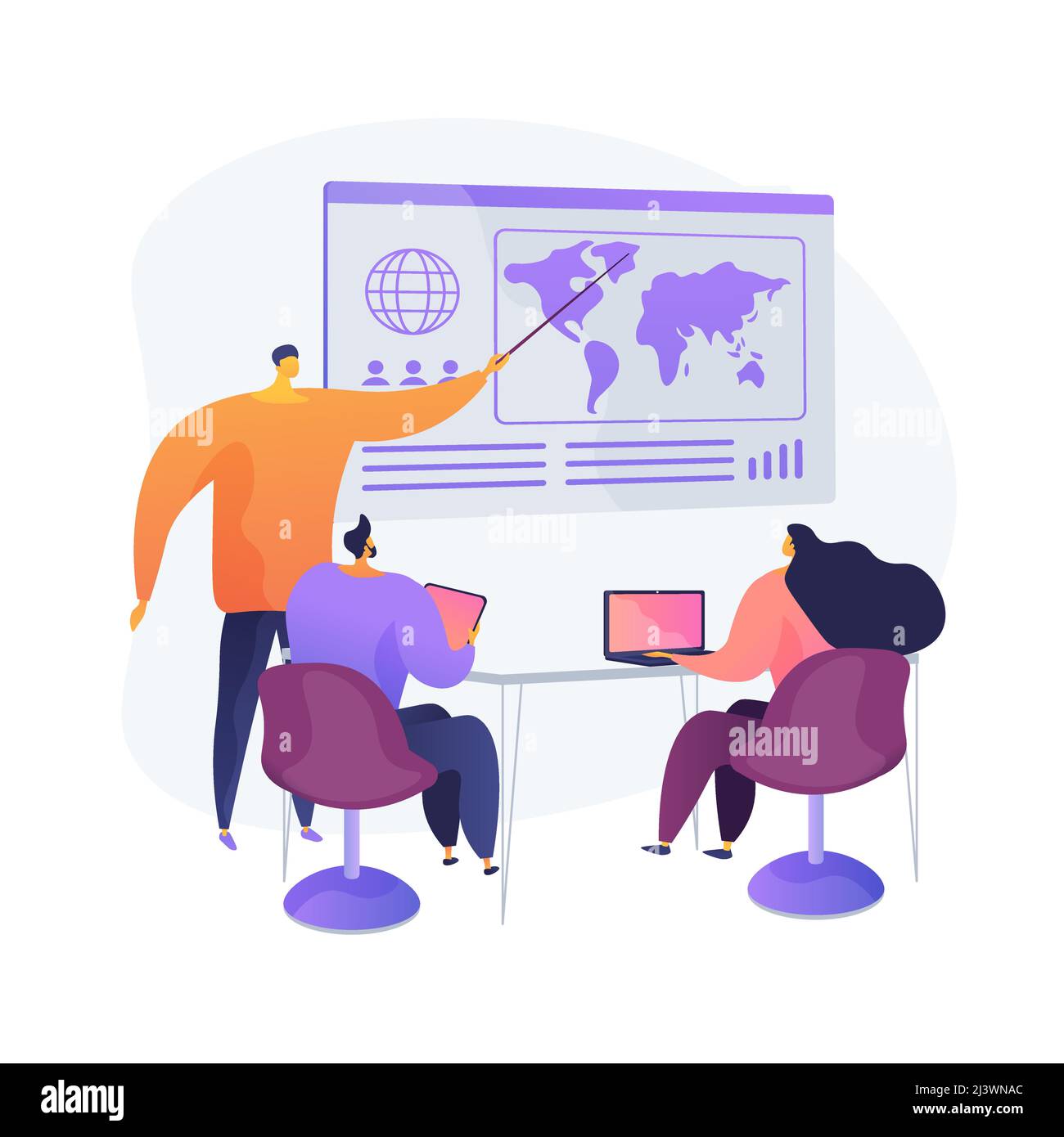 Business expansion strategy planning. CEO briefing, partners meeting, board of directors. Globalization opportunities. Businessmen and businesswoman. Stock Vector