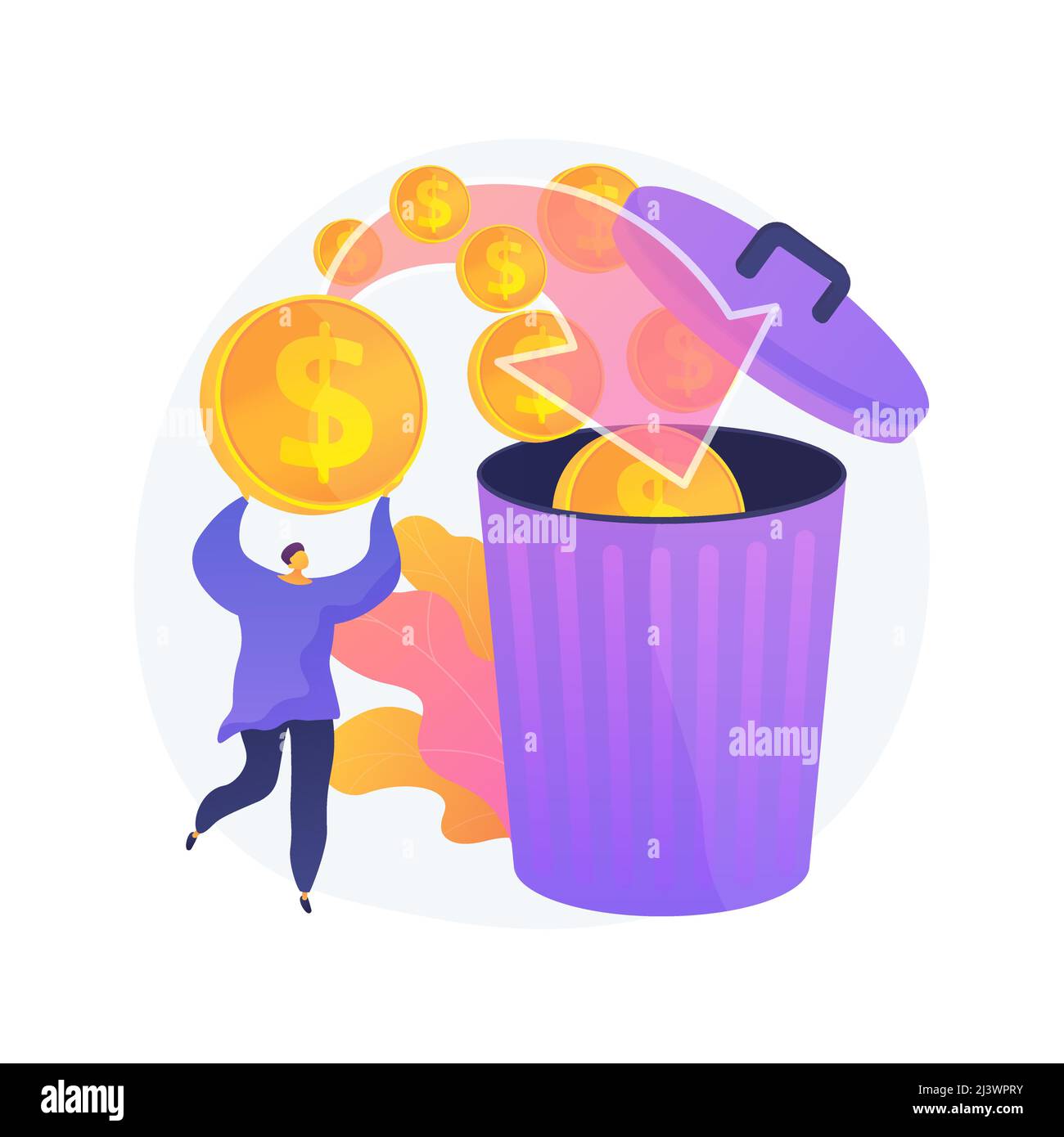 Man overspending, throwing coins in dustbin. Money waste, unprofitable investment, bad finances management. Financial bankruptcy, guy losing savings. Stock Vector