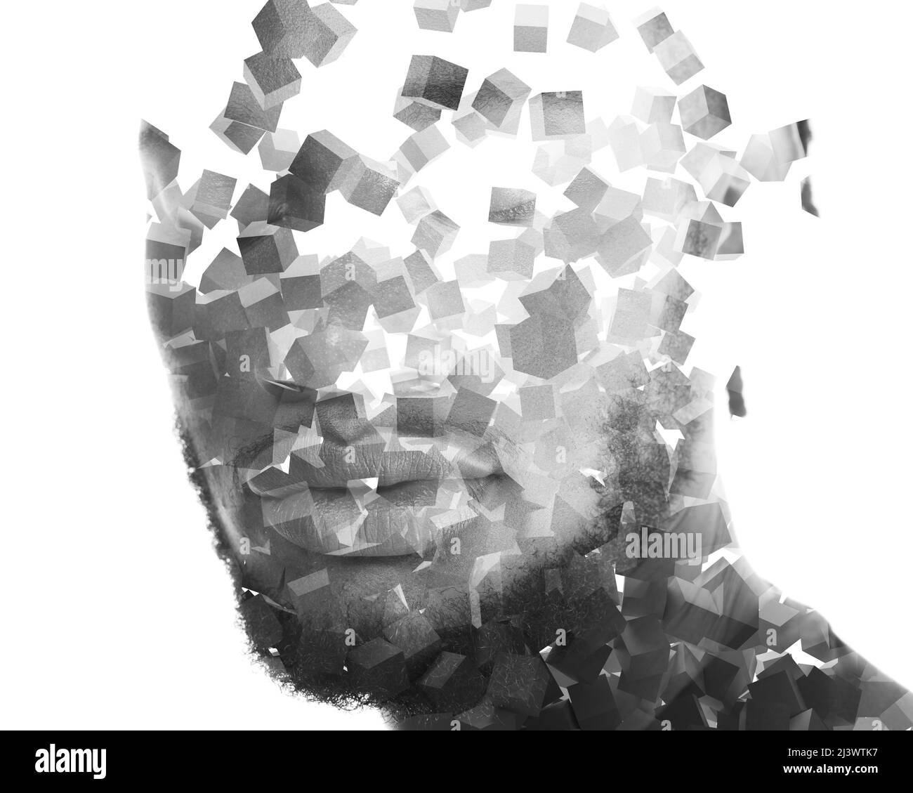 Multiple cubes shaping a portrait of a young man Stock Photo