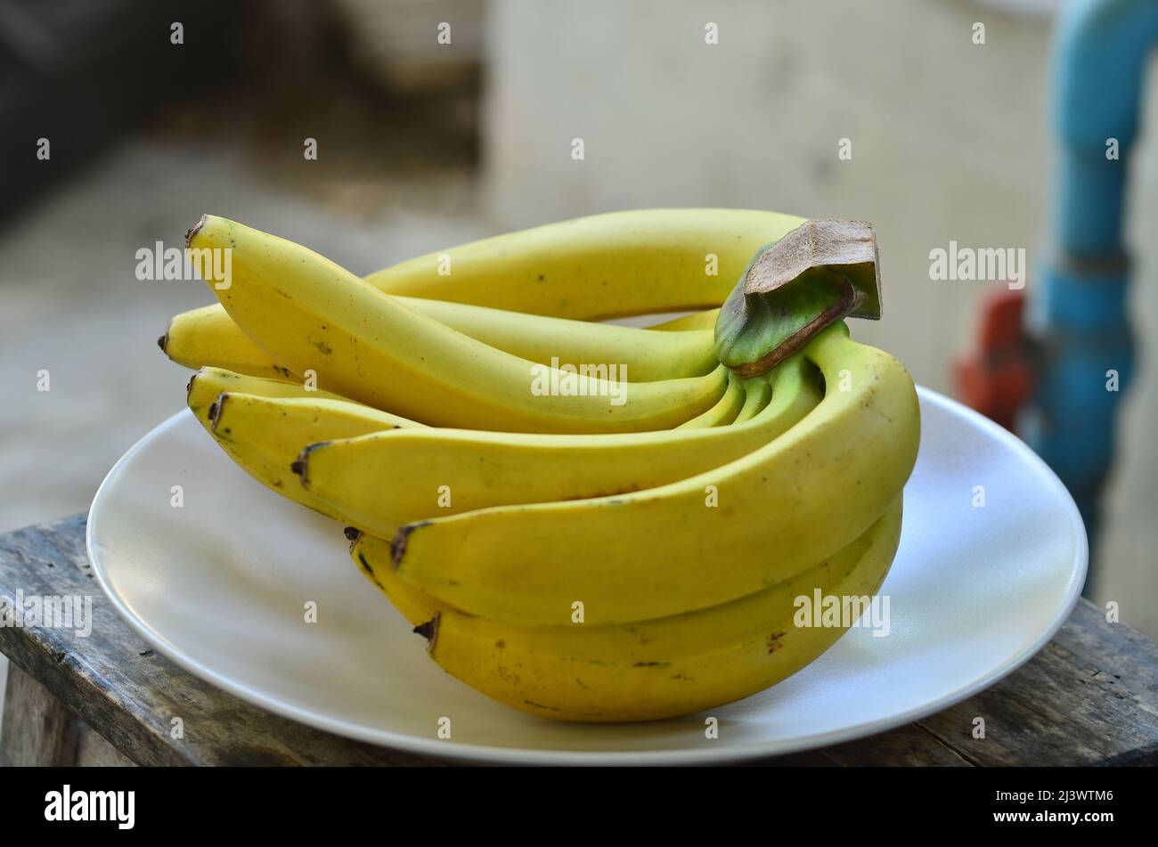 Flesh  Cavendish Banana on Milky White Plastic Plate Stock Photo