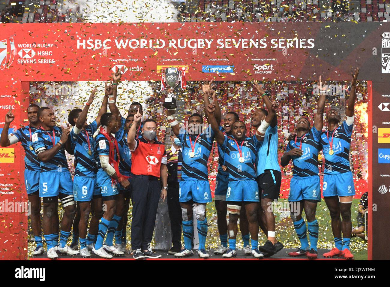 Singapore. 10th Apr, 2022. Players of Fiji attend the victory ceremony after winning the final between New Zealand and Fiji at the HSBC World Rugby Sevens Singapore stop, held in the National Stadium on April 10, 2022. Credit: Then Chih Wey/Xinhua/Alamy Live News Stock Photo