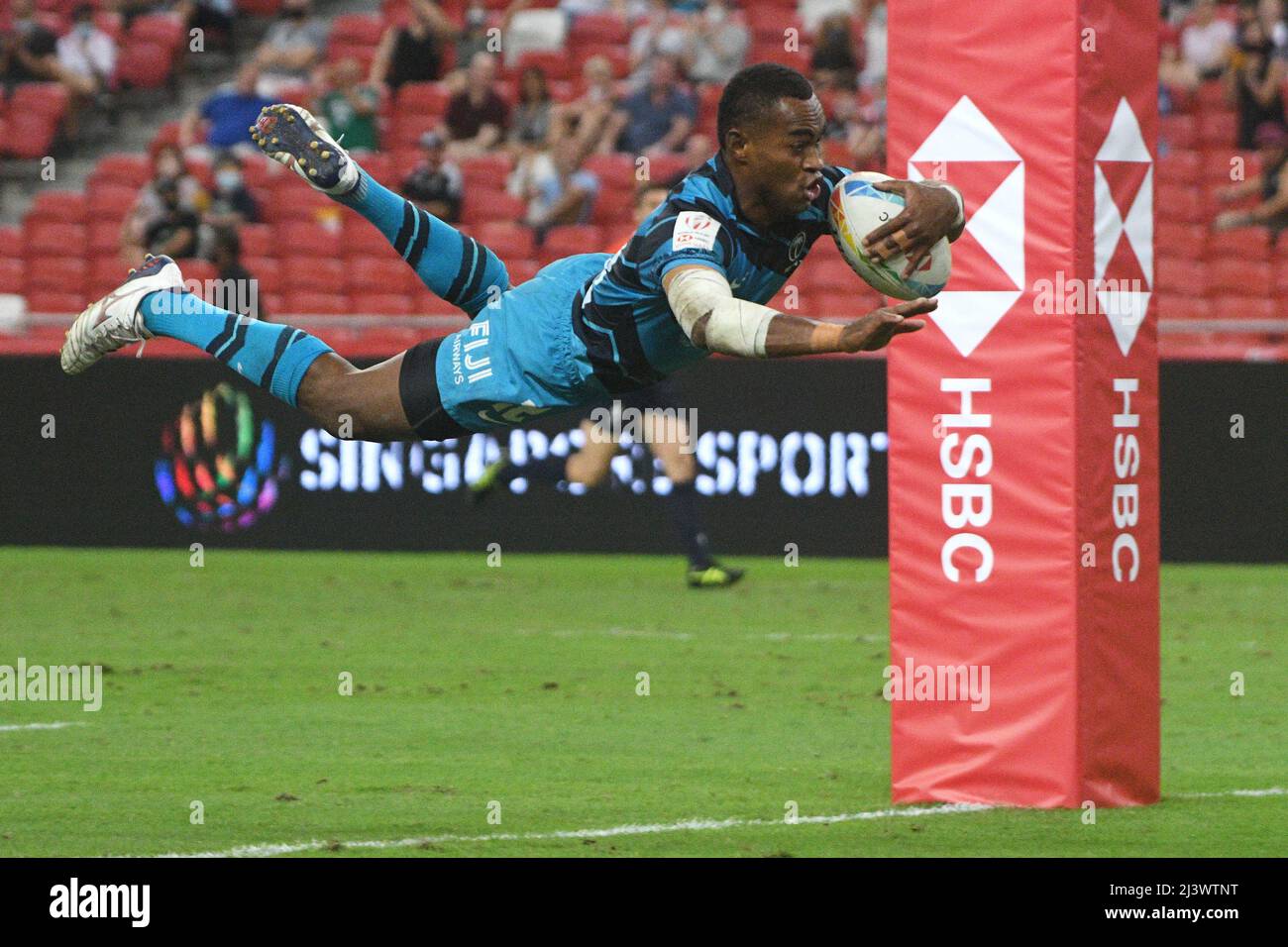 Singapore. 10th Apr, 2022. Vuivawa Naduvalo of Fiji scores a try during the final between New Zealand and Fiji at the HSBC World Rugby Sevens Singapore stop, held in the National Stadium on April 10, 2022. Credit: Then Chih Wey/Xinhua/Alamy Live News Stock Photo