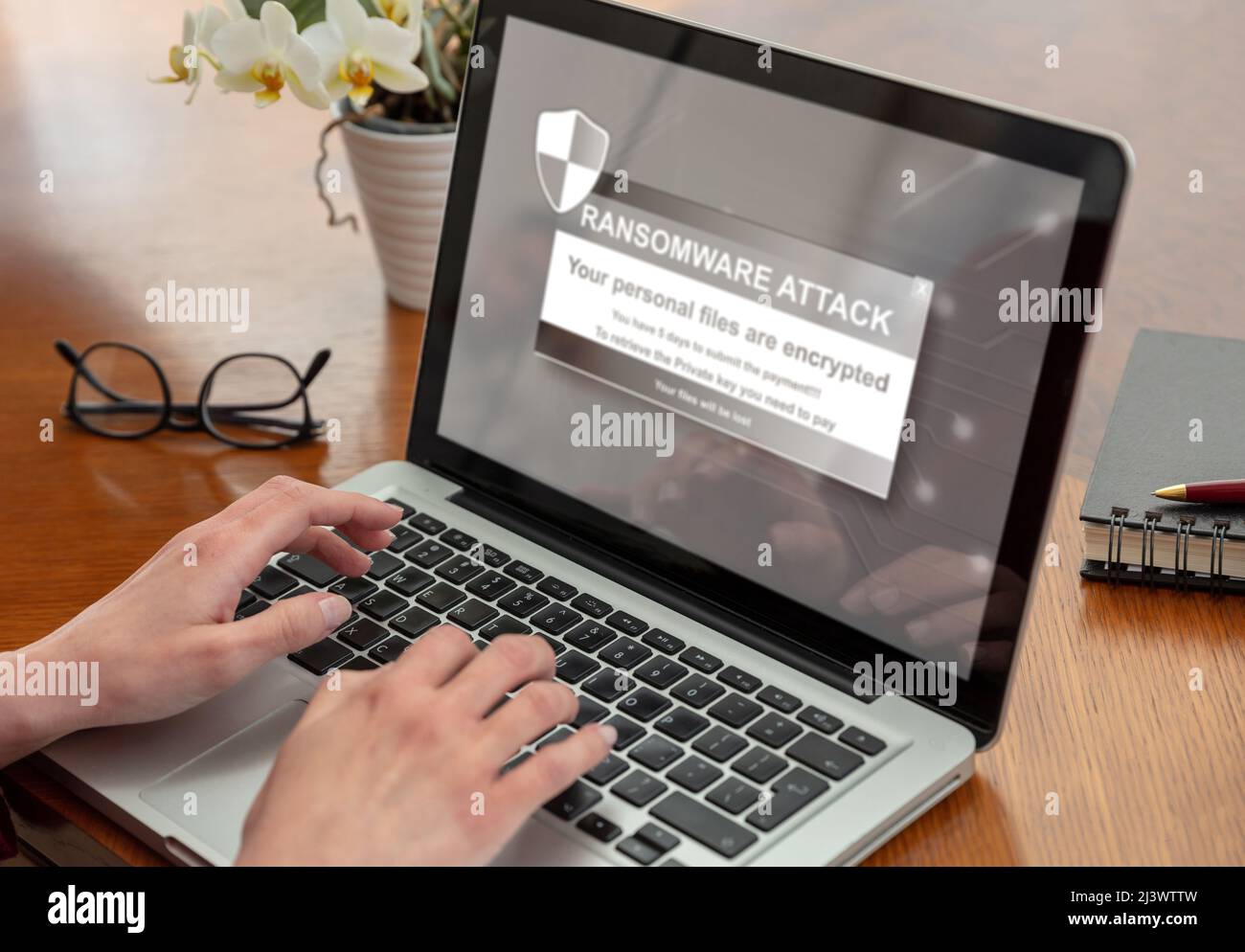 Ransom ware, Cyber attack concept. Warning message on a computer screen. Woman working with a laptop. Office business wood table background. Stock Photo