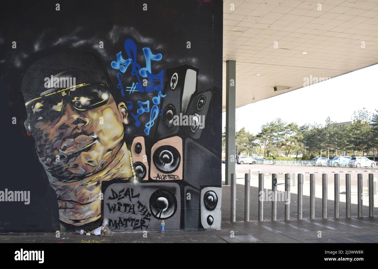 Graffiti at the Buszy Skate Plaza in Milton Keynes, with copyspace. Stock Photo