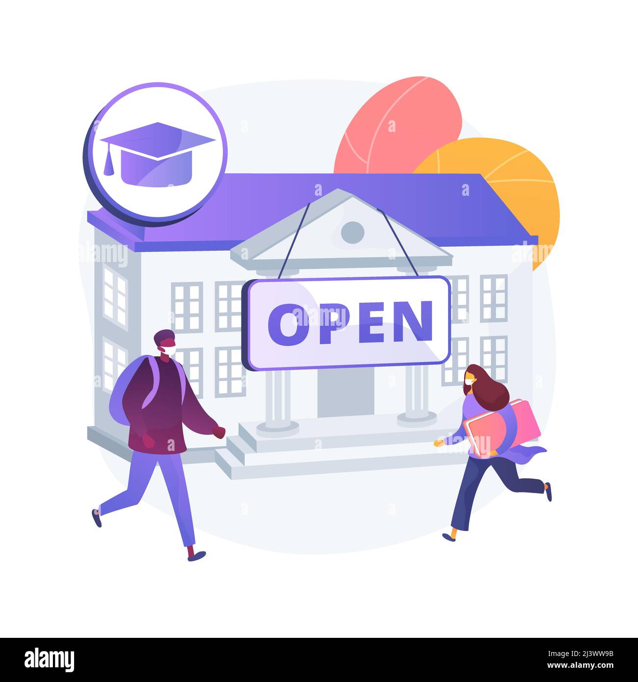 School reopening abstract concept vector illustration. Reopening guidelines, safe environment, disinfection, back to school measures, children wearing Stock Vector